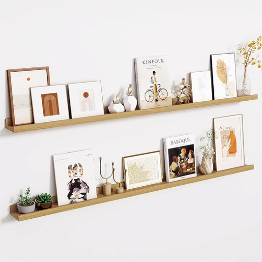 Fun Memories Long Wall Shelves Set of 2-60 Inch Floating Shelves for Wall - Picture Ledge Shelf with Lip for Storage - Wall - Mounted Shelves for Bedroom - Living Room - Kitchen - Oak Color