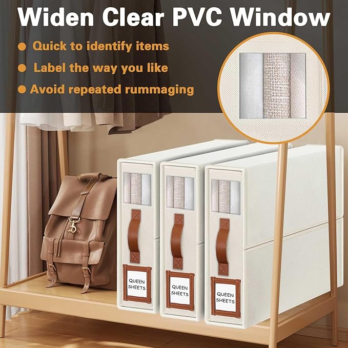 GhvyenntteS Bed Sheet Organizers and Storage 4 Pack (Queen & King Size), Foldable Sheet Organizers and Storage with Window and Label, Bed Sheet Organizer with Leather Handle, Beige