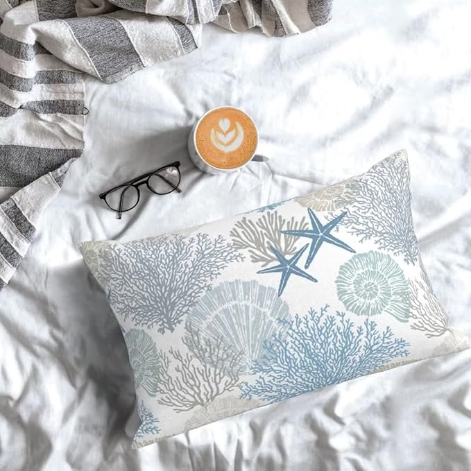 BETGINY Summer Coastal Throw Pillow Cover 12X20 Inch Pack of 2, Beach Seashell Starfish Themed Pillow Covers Square Cotton Ocean Pillow Cases Cushion for Bedroom Home Sofa Decoration
