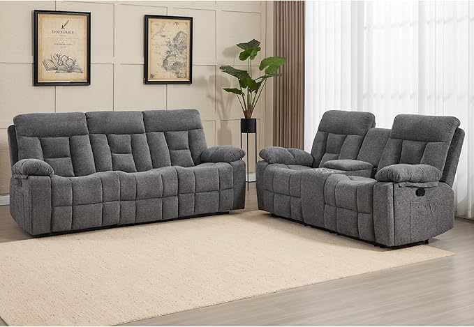 CANMOV Recliner Sofa Set, 3 Seat Recliner Sofa and Manual Loveseat with Overstuffed Armrest, Storage Console,Hidden Cup Holders, for Living Room,Grey