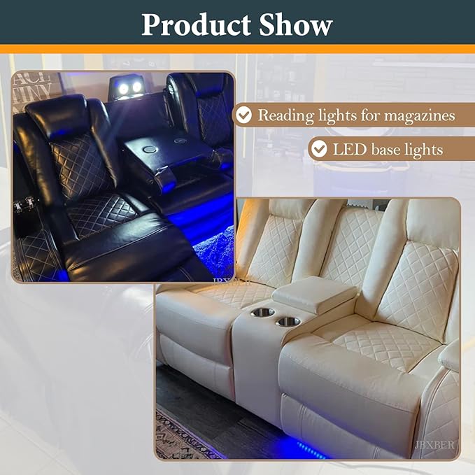 Power Recliner Sectional Sofa Set, Creamy Leather Sectional Couch, Loveseat and Chair for Living Room, L Shape Reclining Sofa with Cup Holder, Hidden Storage, Coffee Table for House(9 Seat)
