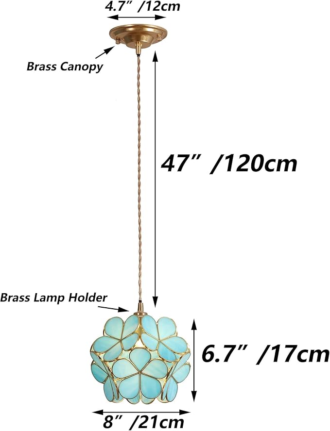 Bieye L10747 Petals Tiffany Style Stained Glass Ceiling Pendant Light with 8-inch Wide Lampshade (Sky Blue, 8" Cherry Blossom)