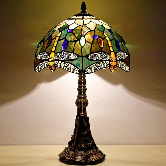 Tiffany Table Lamp Stained Glass Lamp 12X12X19 Inch Antique Reading Light (Amber Yellow Dragonfly)