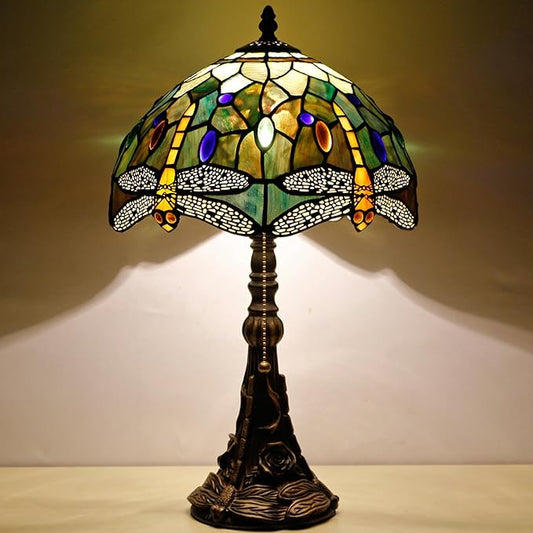 Tiffany Table Lamp Stained Glass Lamp 12X12X19 Inch Antique Reading Light (Amber Yellow Dragonfly)