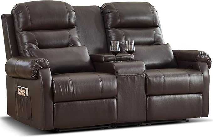 DRMBOOK RV Loveseat Recliner Sofa with Console, Faux Leather Double Wall Hugger Reclining Couch Manual Home Movie Seating 2 Person Recliner Chair with Cup Holders/Storage/Pocket/Lumbar Pillow, Brown