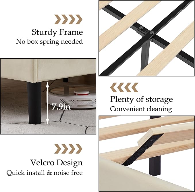 VECELO Queen Bed Frame, Platform Bed Frame with Adjustable Height Upholstered Headboard, Heavy-Duty Frames and Strong Wooden Slats Support, Non-Slip and Noise-Free, Easy Assembly, Beige