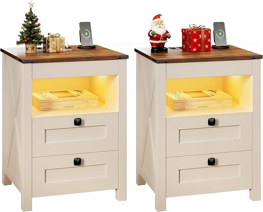 Night Stand Set 2 with Gun Drawer, Farmhouse Bedside Table with Charging Station, Gun Nightstand with LED Light & Human Sensor, Smart End Table for Bedroom, Antique White