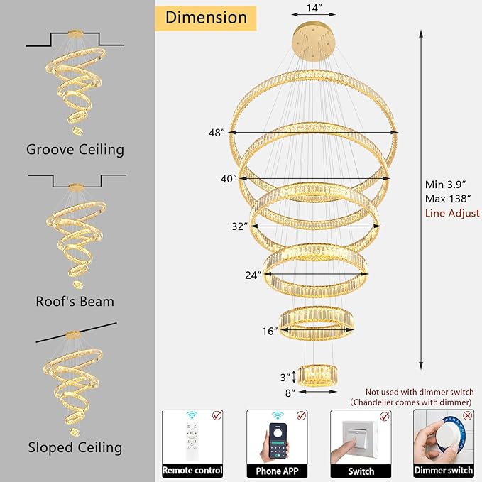 Large Ring Chandelier Modern Crystal Chandeliers for High Ceiling Round LED Dimmable Ceiling Light Fixture for Foyer Long Stair Gold 8''+16''+24''+32''+40''+47''