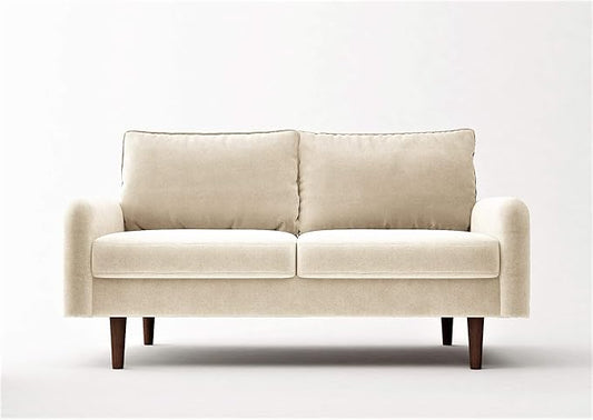 Container Furniture Direct Americus Velvet Upholstered 2 Seater Couch for Living Room, with Luxurious Mid Century Modern Design and Wooden Base, Loveseat, Beige