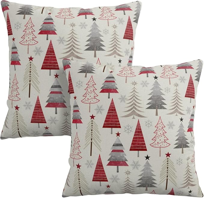 Christmas Throw Pillow Covers 24x24 Set of 2 Geometric Colorful Winter Xmas Tree Decorative Pillow Cases Outdoor Modern Farmhouse Holiday Red Gray Grey Cushion Case for Couch Sofa Bed
