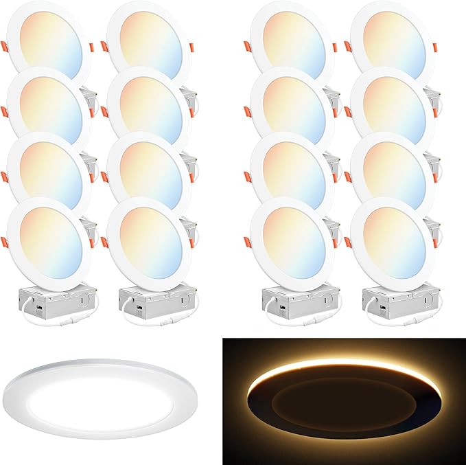 PARMIDA (16 Pack) 6 Inch 5CCT LED Recessed Ceiling Light with Night Light, 2700K/3000K/3500K/4000K/5000K Selectable Ultra-Thin Lighting, 15W, Dimmable Canless Wafer Slim Panel Downlight, IC Rated, ETL