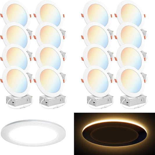PARMIDA (16 Pack) 6 Inch 5CCT LED Recessed Ceiling Light with Night Light, 2700K/3000K/3500K/4000K/5000K Selectable Ultra-Thin Lighting, 15W, Dimmable Canless Wafer Slim Panel Downlight, IC Rated, ETL