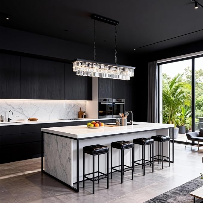 Rectangle Crystal Chandelier 59 inch, Modern Rectangular Chandeliers Ceiling Hanging Linear Chandeliers Light Fixture for Dining Room, Kitchen Island, Bar, Black,14-Light