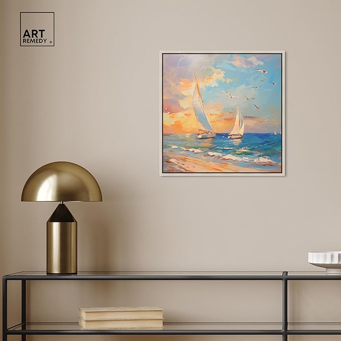 Art Remedy Sailboats In The Sunset Chic Coastal Canvas Wall Art, Silver Floater Frame, 16"x16"