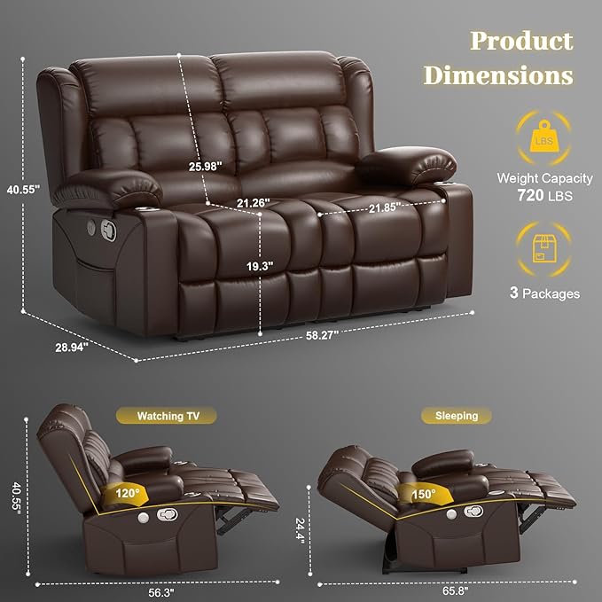 Loveseat Recliner Sofa, PU Leather Reclining Loveseat with USB Charge Ports, Cup Holders, 2 Seater Manual Pull Tab Recliner Loveseat Couches for Living Room, Brown