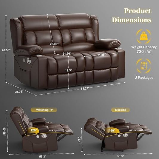 Loveseat Recliner Sofa, PU Leather Reclining Loveseat with USB Charge Ports, Cup Holders, 2 Seater Manual Pull Tab Recliner Loveseat Couches for Living Room, Brown