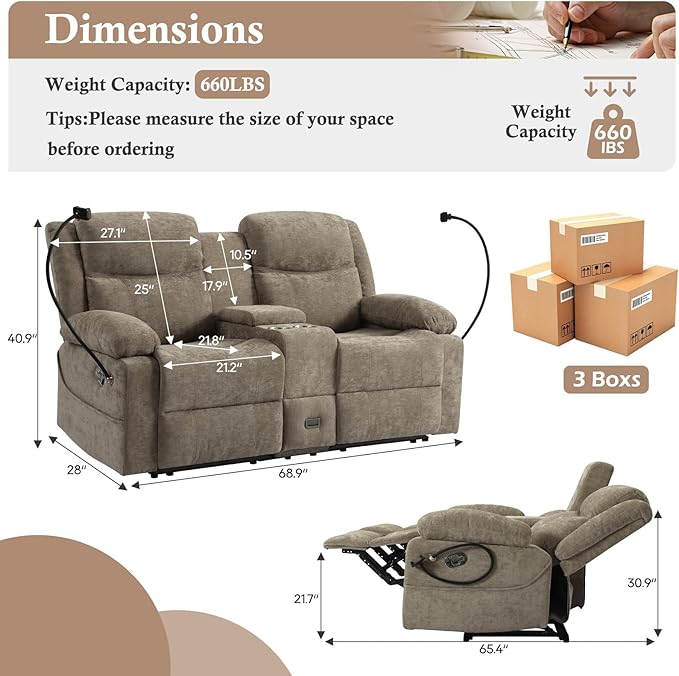 Manual Reclining Loveseat Sofa with Console, Chenille Upholstered Couch for RV, Living Room, Apartment or Office, Dual Recliners with Cup Holders, Phone Holder, Hidden Socket (Camel) | Cup Holder, Side pocket