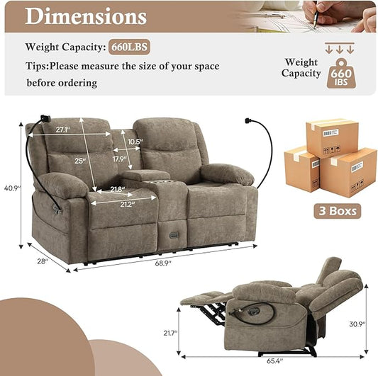 Manual Reclining Loveseat Sofa with Console, Chenille Upholstered Couch for RV, Living Room, Apartment or Office, Dual Recliners with Cup Holders, Phone Holder, Hidden Socket (Camel) | Cup Holder, Side pocket