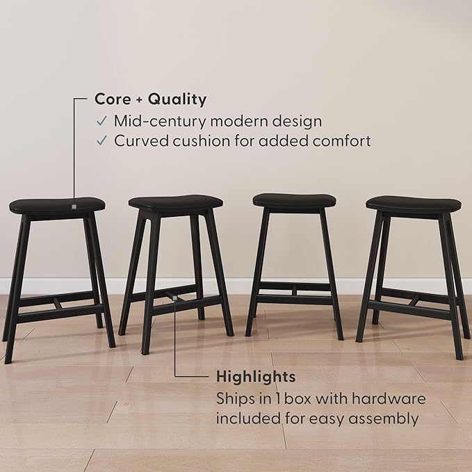 Plank+Beam Beryl Counter Height Stool - Mid-Century Modern Rubberwood Bar Stool with Faux Leather Seat, Metal Footrest, Easy Assembly, 4-Pack, Black/Black
