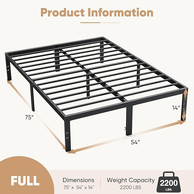 DUMOS Bed Frame - Full Size Metal Platform Bed Frames Mattress Foundation with Steel Slat Support, No Box Spring Needed, Storage Space Under Base, Easy Assembly, Black