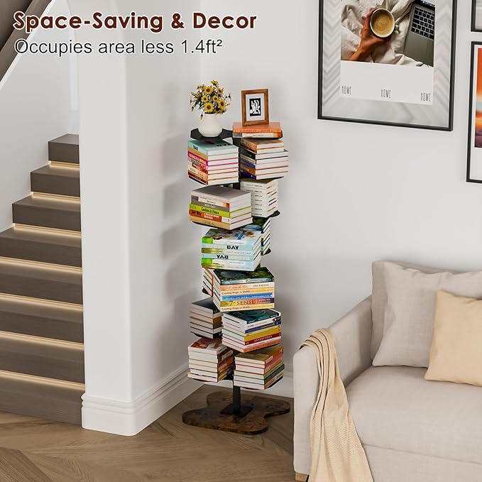 7 Tier Rotating Bookshelf, 360° Display Spinning Bookcase, Metal Corner Bookcases Storage Rack, Tall Floor Standing Revolving Bookshelves Narrow Book Shelf Organizer for Home Office, Black