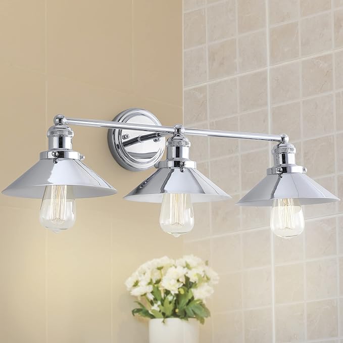 JONATHAN Y 7.88" Chrome 1-Light Industrial Farmhouse Metal Vanity Light Wall Sconce, Metal Shade for Bathroom Mirror, Kitchen, Entryway, LED Bulb Included (JYL7425A)