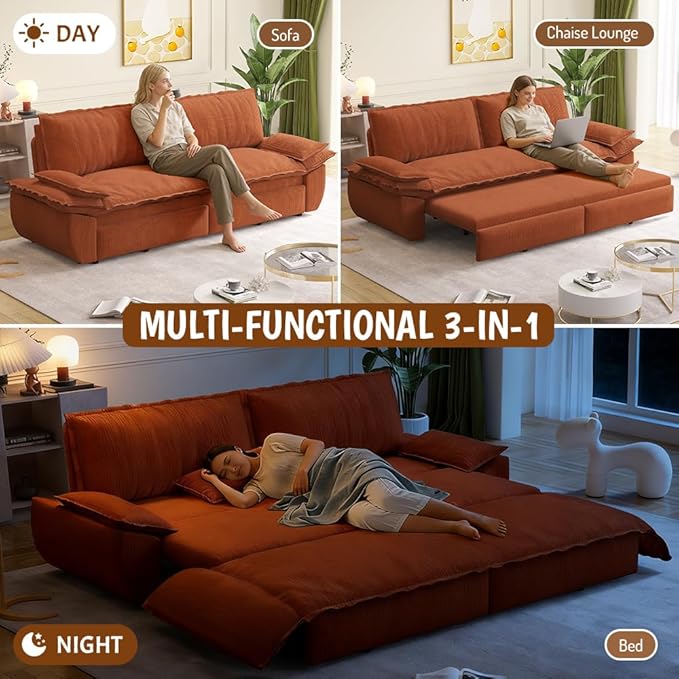 KEIKI 73.2" Pull Out Sleeper Sofa Bed Queen Size, 3-in-1 Convertible Couch with Soft Cushion Armrests, Durable Corduroy Loveseat Sofa for Family Living Room Kids Friendly Lounge Couch