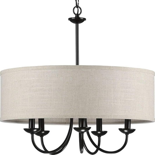 Progress Lighting Drum Shade Collection Five-Light Chandelier, Farmhouse Style Hanging Ceiling Light Fixture for Dining Rooms, Foyers, Harvest Linen Shade, Matte Black