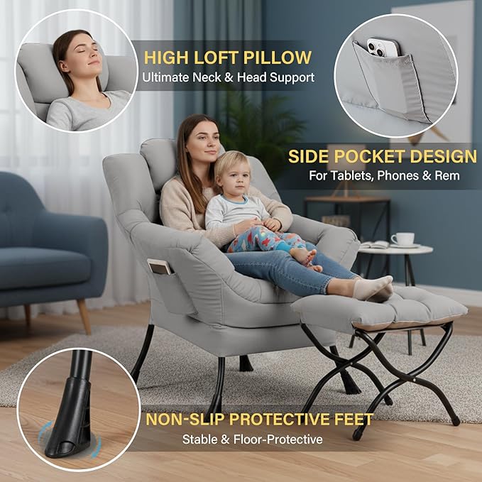 Cozy Lazy Chair and Ottoman, Large Light Grey Contemporary Accent Chair Set, Leisure Upholstered Reading Armchair for Office, Bedroom, Living Room, Dorm Rooms, Balcony