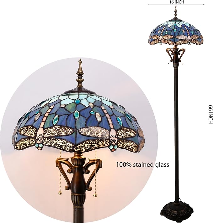 Tiffany Floor Lamp Blue Dragonfly Stained Glass Standing Reading Light 16X16X64 Inches Antique Pole Corner Lamp Decor Bedroom Living Room