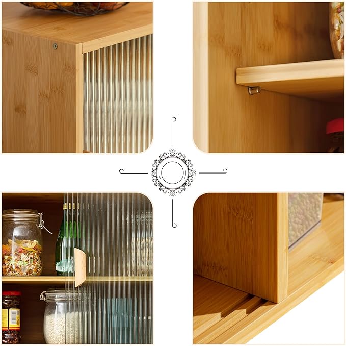 HollyHOME Bamboo Wall Mounted Kitchen Pantry Sideboard with 2 Doors and Adjustable Shelves, Freestanding Wall Storage Cabinet with Shelf for Bottle, Dish, Bowl, Console Dining Cupboard, Burlywood