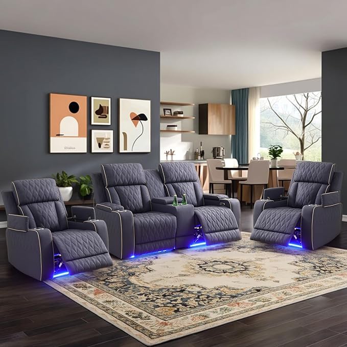Power Leather Recliner Sofa Set with LED Light,Reclining Loveseat and 2*Chairs Set with Storage Console/USB Port/Cup Holder,Leather Couch for Living Room Furniture Sets(2+1+1 Seats,Matte Navy)