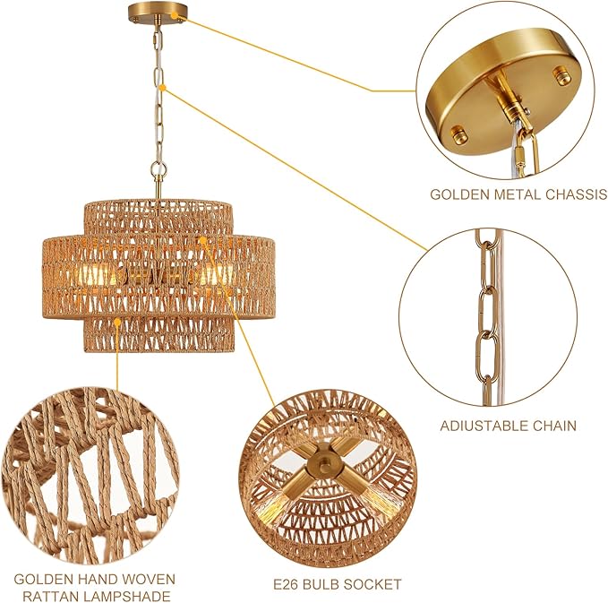 17.8" Boho Rattan Chandelier Light Fixture, 4-Light Golden Hand Woven Pendant Light Fixture Farmhouse Rustic Wicker Chandeliers for Kitchen, Bedroom, Dining Room, Living Room, Hallway, Foyer