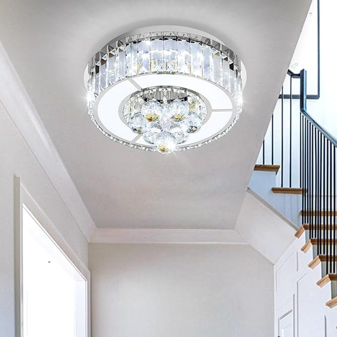 11.8'' Silver Modern Crystal Chandeliers for Dining Room LED Dimmable Light Fixtures Flush Mount Light Living Room Bedrooms