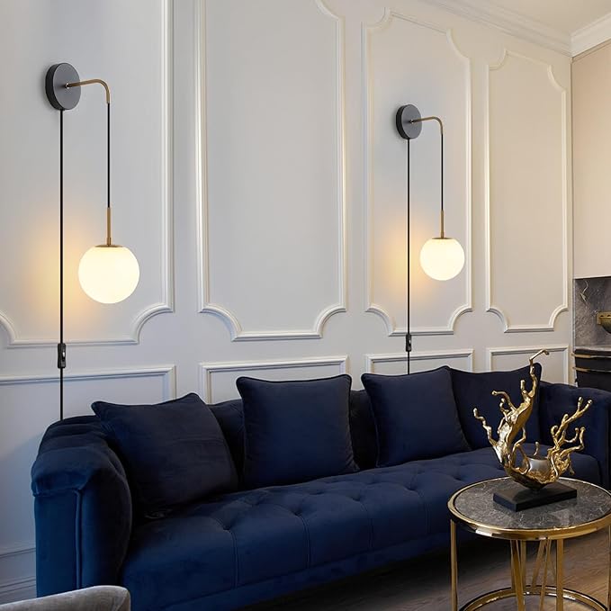 Plug in Wall Sconces Set of 2 Black and Brass Gold Wall Sconces Set of Two Plug in Hanging Wall Lamp with Plug in Cord with Globe White Glass Shade Vintage Wall Lights with Switch for Bedside