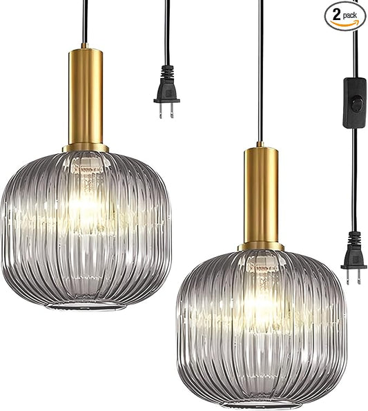Vintage Plug in Pendant Lights 2 Pack, Industrial Hanging Lamp with Smoke Gry Glass Shade, Mid Century Hanging Chandelier Plug in Light Fixture for Kitchen Dining Room Living Room Ceiling