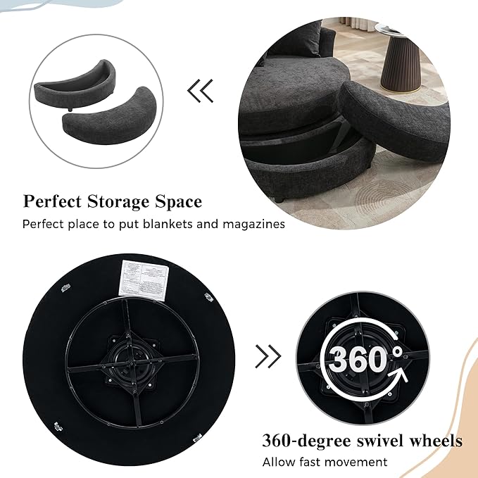 ERYE Oversized Round Accent Barrel Chair with Storage Ottoman and 360 Swivel Base, Modern Chenille Upholstered Leisure Recliner Armchair for Living Room Bedroom
