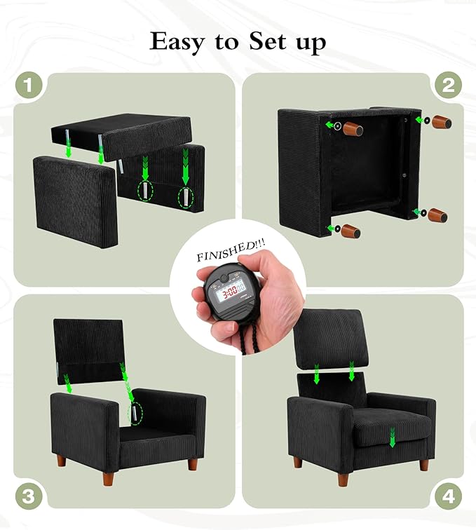 Kidirect 35.5in Corduroy Couch Accent Chair, Tool-Free Setup Living Room Sofa Accent Chairs, Reading Chair for Bedroom 22.5in Extra Deep Seats, Comfy Arm Chairs for Office, All-Wood Reading Nook Black