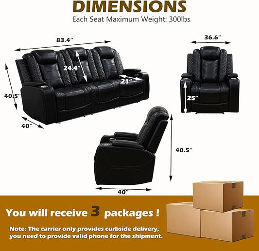 Power Recliner Sofa Set with LED, Breathing Leather Living Room Set 3 Piece, Reclining Couch and Two Chair with USB Port&Storage Console (Black Upgared)