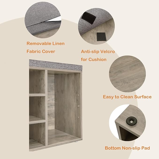 DINZI LVJ Shoe Bench, 9 Cubbies Shoe Organizer for Entryway, Storage Bench with Cushion, Cubby Shoe Rack with Adjustable Shelves for Living Room, Bedroom, Mudroom, Hallway, Gray Wash