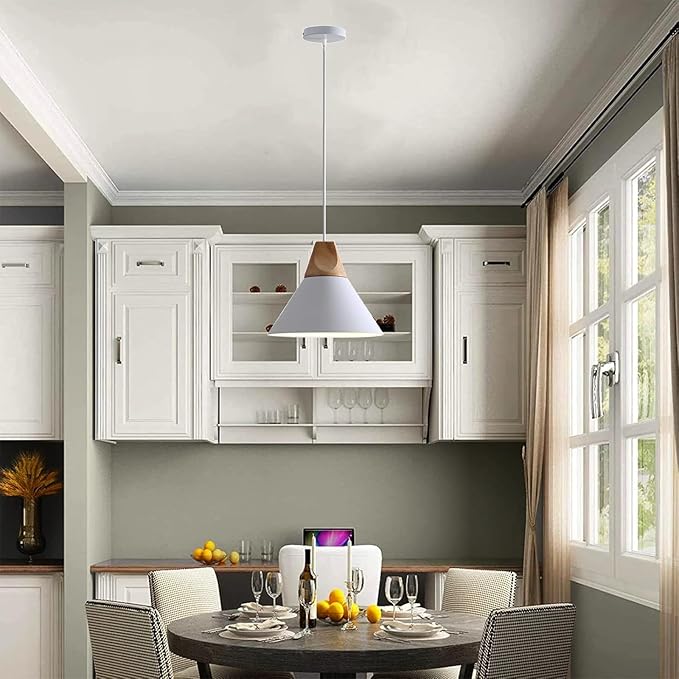 Modern Pendant Light Fixture,Solid Wood Matte White Lampshade Style Ceiling Hanging Lamp,Pendant Lighting for Kitchen Island Dining Room Coffee Bar(White-1 Pack)