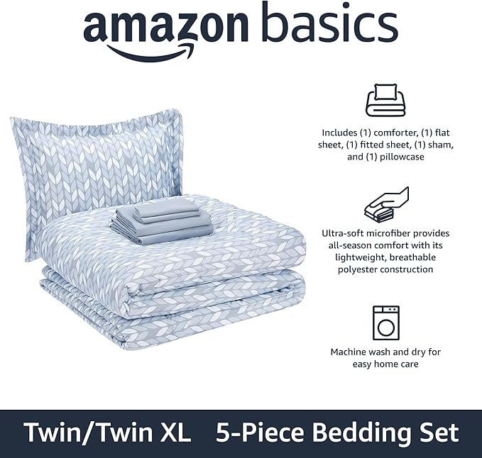 Amazon Basics Twin/Twin XL Comforter Bedding Set with Printed Sheets, 5-Piece, Gray Leaf, Lightweight Microfiber Bed-in-a-Bag, Machine Washable