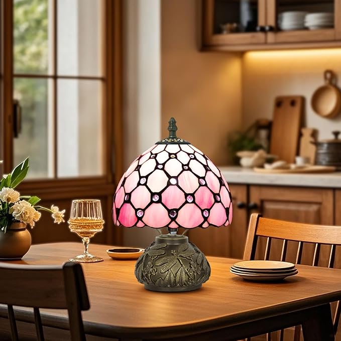 Small Tiffany Table Lamp,Stained Glass Lamp,8 Inch Mushroom Style Mini Vintage Desk Lights for Bedside, Bedroom,Nightstand,Living Room,3 Color Temperature (Pink)