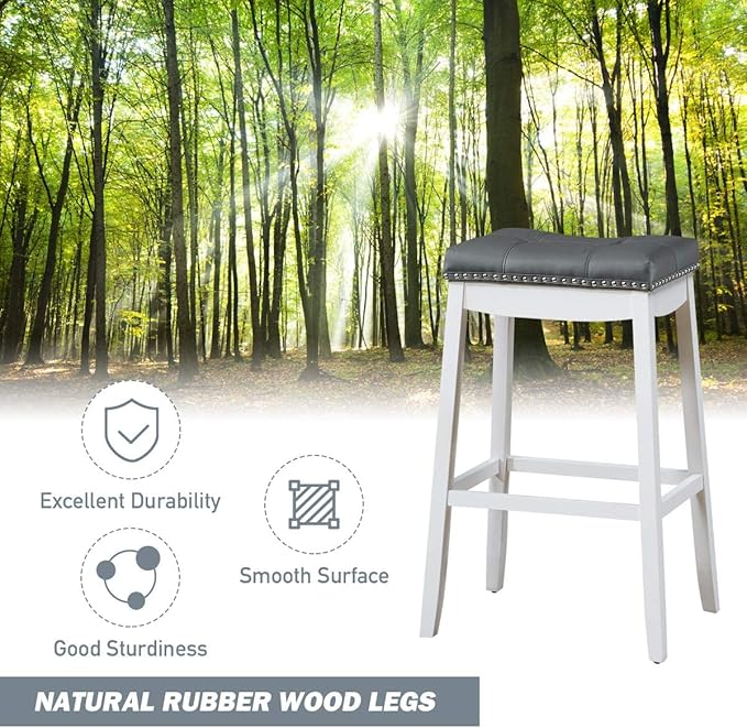 COSTWAY Bar Stools Set of 2, 29-Inch Height Backless Counter Stool with Footrest, Soft Seat Cushion, Wood Legs and Non-Slip Foot Pad, Saddle Stools for Home Kitchen Living Room, Stone Gray+White