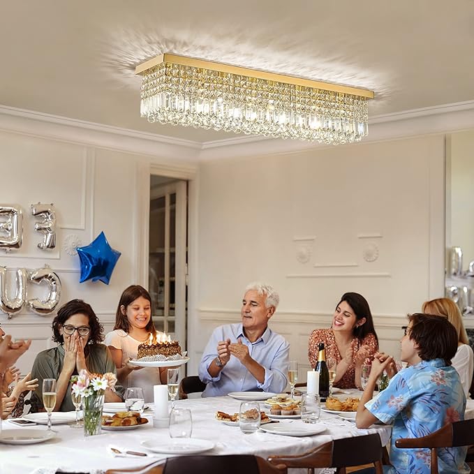 Siljoy Modern Gold Crystal Chandelier for Dining Room, 8-Light Rectangular Flush Mount Crystal Raindrop Chandelier, Luxury Dimmable Crystal Ceiling Light for Living Room Kitchen Island Bar L40''
