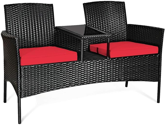 HAPPYGRILL Patio Loveseat Rattan Wicker Loveseat with Coffee Table, Outdoor Conversation Sofa Furniture with Cushions for Garden Lawn Backyard Porch