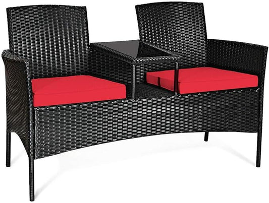HAPPYGRILL Patio Loveseat Rattan Wicker Loveseat with Coffee Table, Outdoor Conversation Sofa Furniture with Cushions for Garden Lawn Backyard Porch