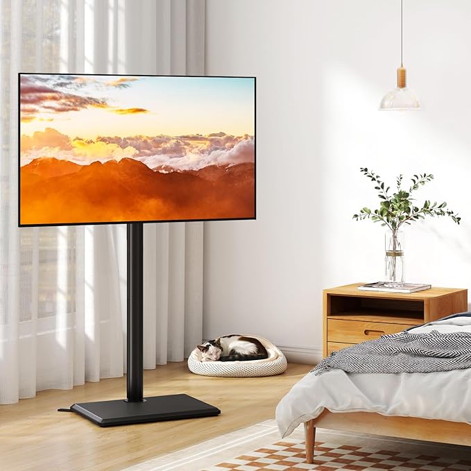 TVON Universal Floor TV Stand with Mount for Most 32-60 Inch TVs up to 88lbs, Height Adjustable TV Floor Stand with Wood Base for Space Saving, Tall Floor TV Stand for Bedroom, Corner & Living Room