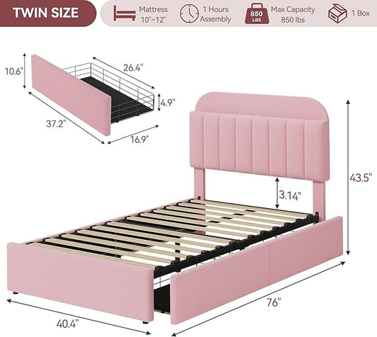 IDEALHOUSE Twin Bed Frame for Kids, Boucle Upholstered Platform Bed for Girls with 2 Flexible Drawers, Bookcase Headboard, Noise-Free, Easy Assembly, No Box Spring Needed, Pink