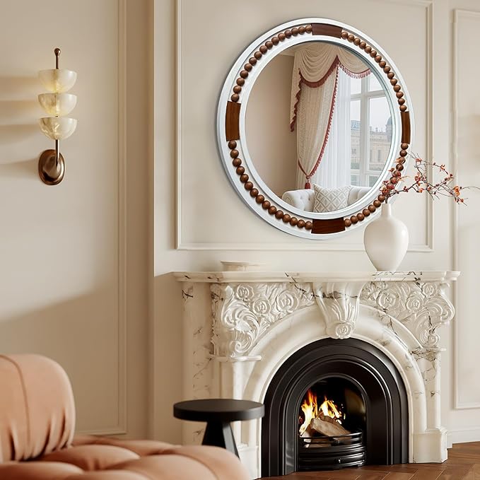 32 Inch Round Boho Wall Mirror, Large Rustic Coastal Wall Decor with White Wood Frame and Brown Bead Accents,Farmhouse Decorative Mirror for Entryway, Bedroom, Living Room
